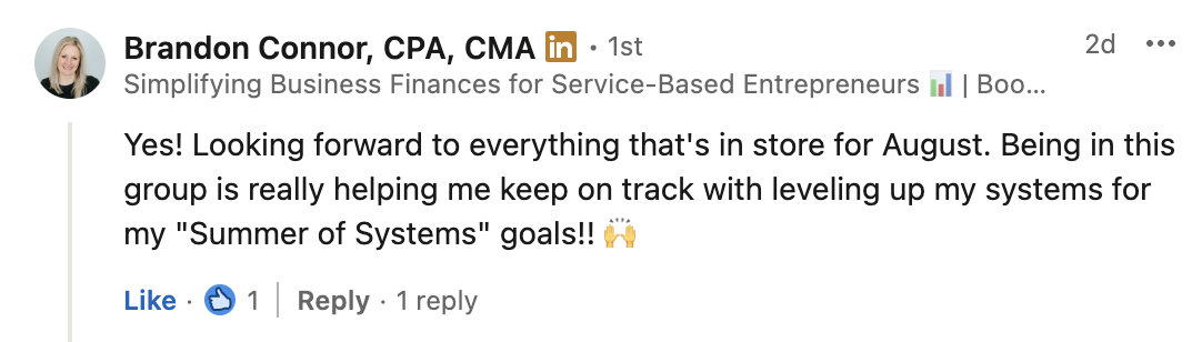 LinkedIn comment about Productive CEO Club helping with leveling up business systems